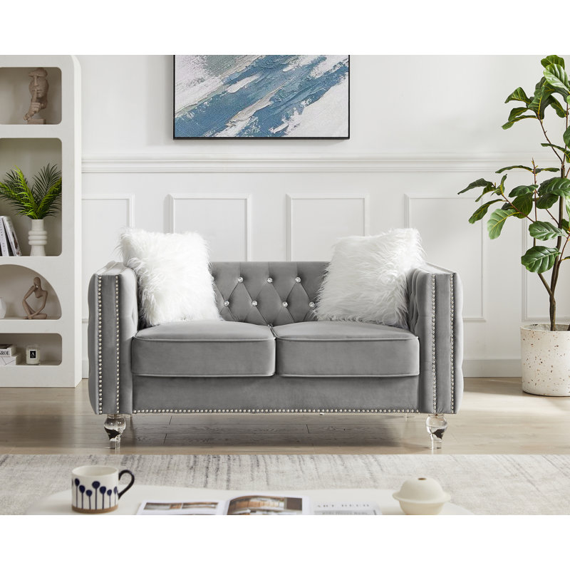 60'' Upholstered Loveseat, Velvet Sofa Couch with 2 Throw Pillows, Gray