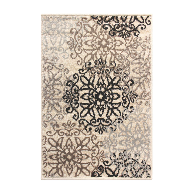 10' Beige Black and Gray Floral Medallion Power Loom Runner Rug, Rectangle 2' x 3'