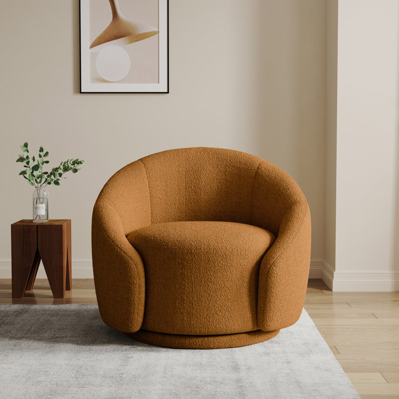 Fauteuil demi-tonneau pivotant rembourré Aunna, Teddy rouge-brun