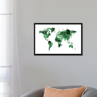 Carte du monde, impression sur toile tendue, tons de vert (l/o antarctique)