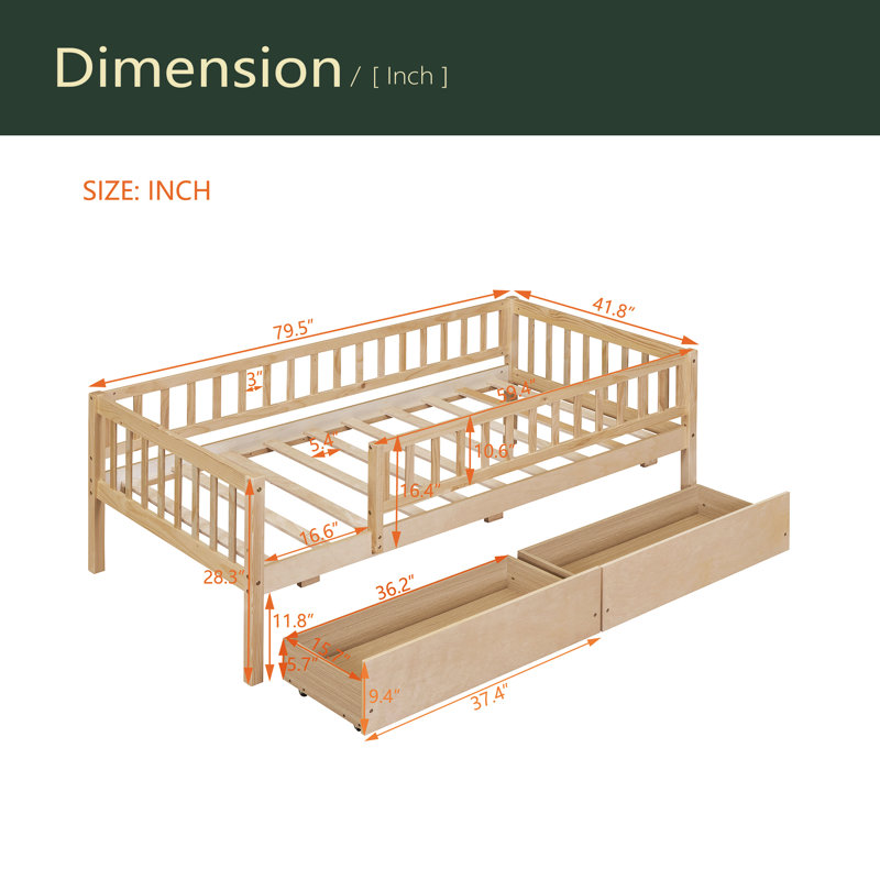 Lit de jour simple en bois avec deux tiroirs, Naturel