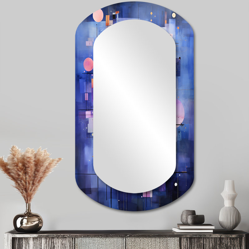 Drexler Abstract geometric blue Tones 2 - Geometric Asymmetrical Decorative Wall Mirror, Modern Cylinder Mirror, Printed Metal Art