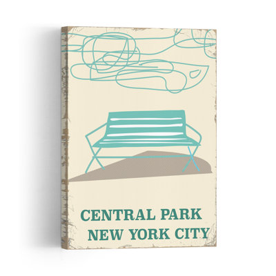 Central Park Bench Illustration Minimalist Retro Vintage City Landscape Wall Art Print 1 Piece Wrapped Canvas Wall Art
