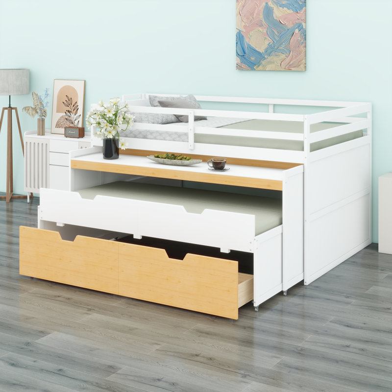Lit mezzanine avec marches de rangement, bureau coulissant et lit gigogne pour jeux et poste de travail, Blanc + couleur bois