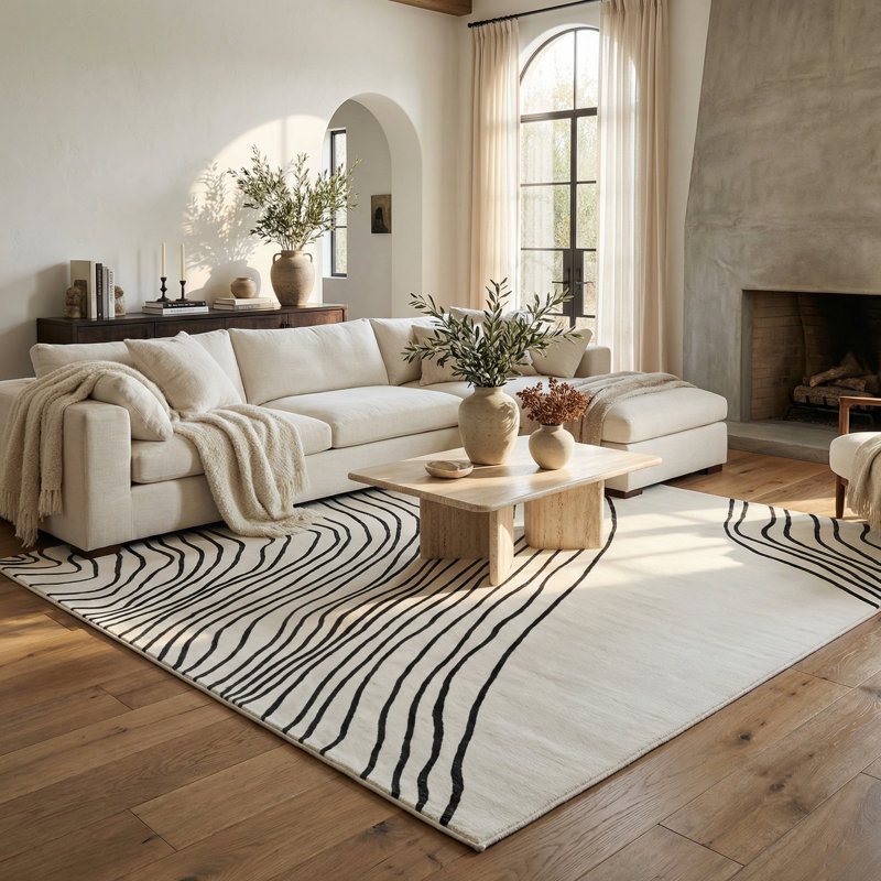 Rug Branch Nami 8' x 11' (7'7" x 10'10") White/Black Abstract Line Area Rug, Contemporary, Medium Pile, Stain-Resistant Carpet - Living Room, Bedroom, Dining Room, and Kitchen