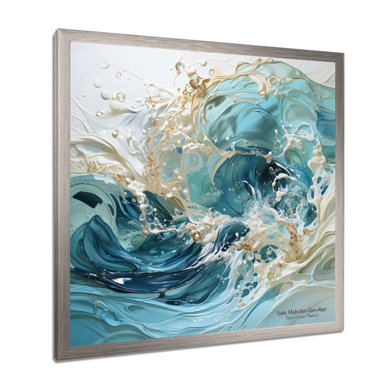«Ocean Charm», art de vague liquide, Cadre simple argenté, H 16 po x l 16 po x P 1 po