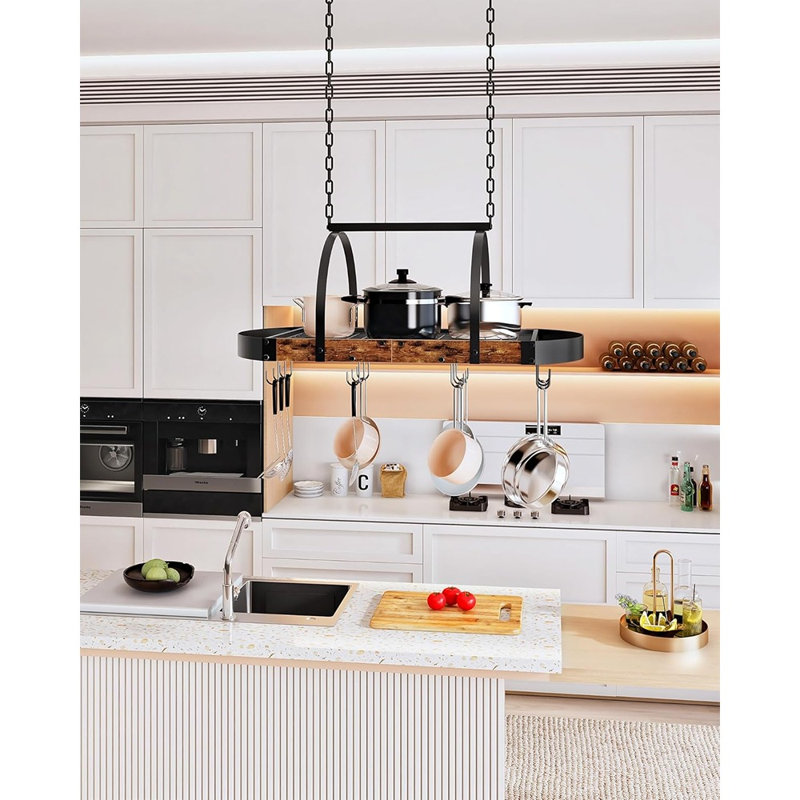 Support à casseroles suspendu, organisateur de casseroles et de casseroles au plafond avec 12 crochets en forme de S, support de rangement pour batterie de cuisine peu encombrant pour la cuisine, brun rustique et noir