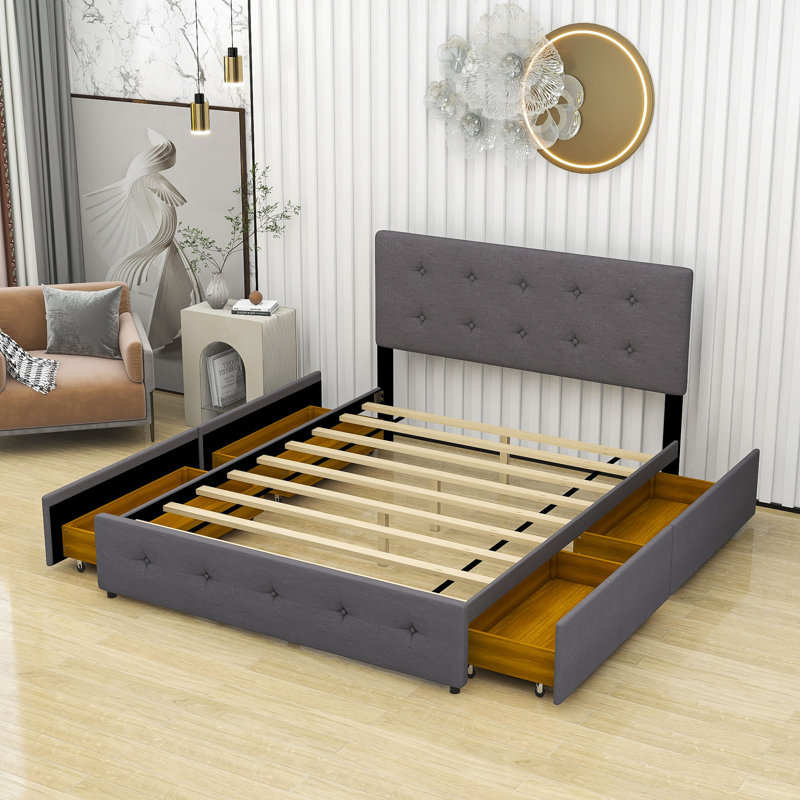 Upholstered Platform Storage Bed, Light Gray