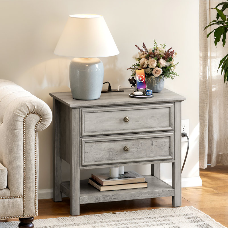 Ensemble de commode de chambre 2 pièces - commode 6 tiroirs et table de chevet 2 tiroirs l 26,7 "avec station de charge et tablette ouverte, gris délavé