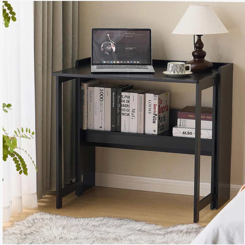 Table pliante avec tablette de rangement, bureau d'ordinateur pliable de 32,6 pouces pour les petits espaces, petit bureau d'écriture pour chambre à coucher, bureau à domicile et appartement, noir