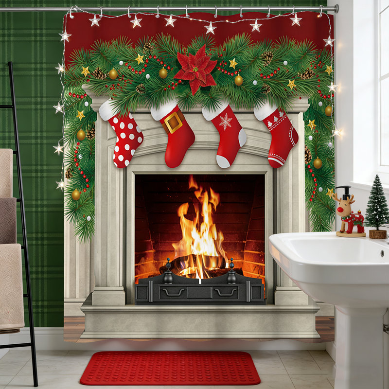 Rideau de douche de Noël, décor de salle de bain maison de campagne avec crochets - tissu de polyester imperméable, 72 x 72 pouces