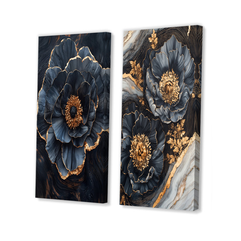 Or pivoines bleues et géodes, collection de 2 panneaux, H 32 po x l 33 po, Toile tendue