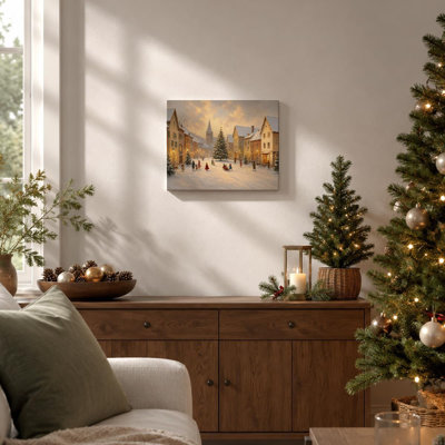 Christmas Village Farmhouse Wall Art Winter Street Canvas Print Framed Snowy European Village Street with Warm Lights, Holiday Decor for Living Room Entryway Office Bedroom 8 x 10 Inch