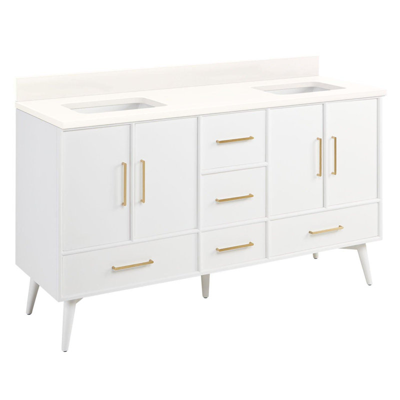 60" Novak Double Bathroom Vanity Set with Rectangular Undermount Sinks, No Faucet Hole, White, Arctic White Quartz