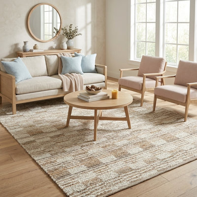 Beige/Ivory Contemporary Checkered Flatweave Wool Blend Indoor Area Rug