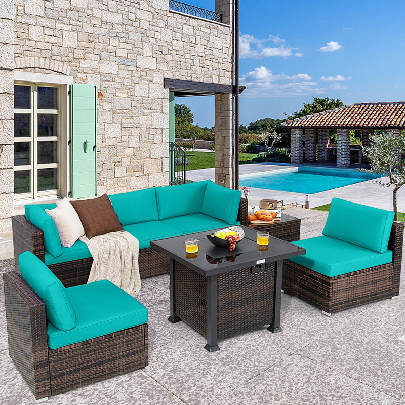 5 - Person Patio Conversation Set with Cushions, Turquoise