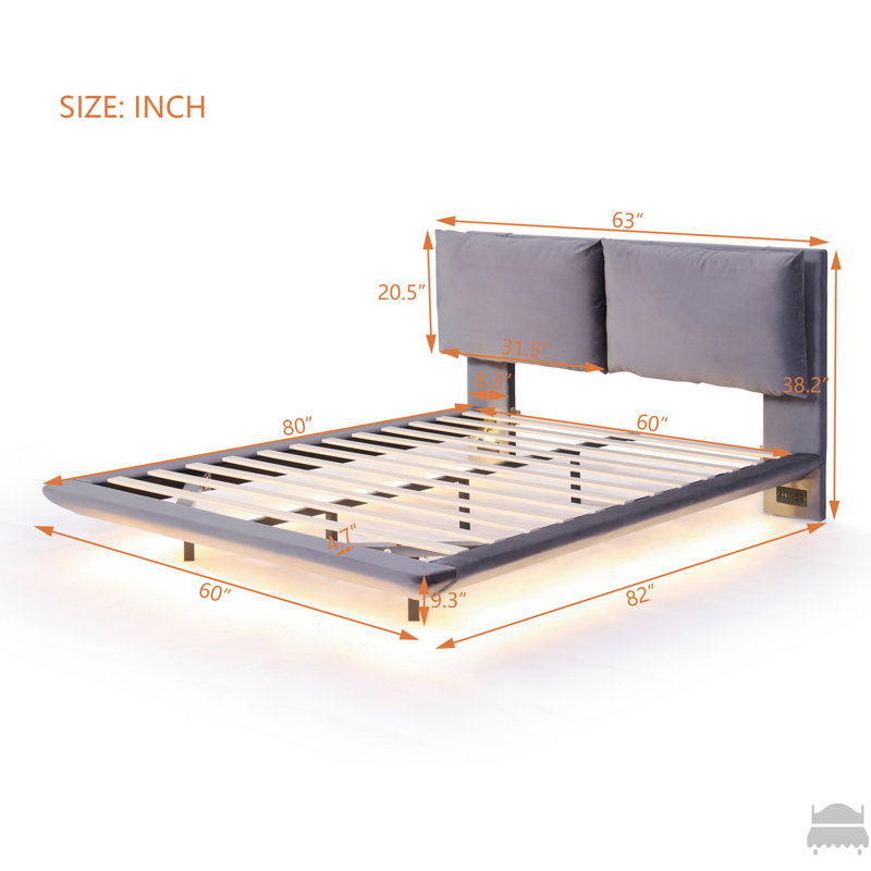 Lit plateforme tapissier avec capteur de lumière et 2 grands dossiers, lit plateforme élégant avec 2 ensembles de ports et prises USB