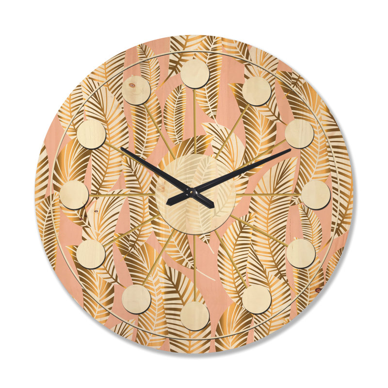Golden Palm Leaves I - Horloge murale Mid-Century, Grand