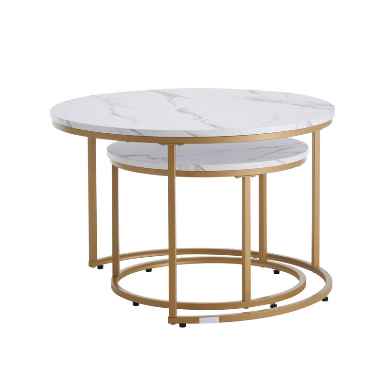 Nesting Coffee Table Set of 2, Round Coffee Table, Nesting Tables for Small Place, Vintage End Side Tables Night Stand with Metal Frame, for Living Room, Bedroom, Office (White & Gold)