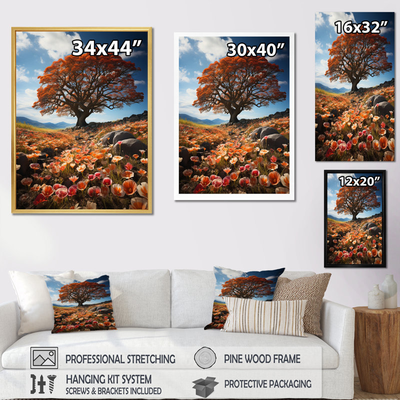 «A Canopy Tree In Wildflowers II», reproduction d'art sur toile, H 44 po x l 34 po x P 1,5 po, Cadre simple noir