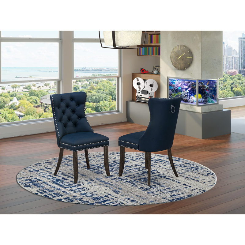 Dallas Parsons Dining Chairs - Button Tufted Nailhead Navy Blue Polyester Fabric Padded Chairs, Set of 2, Distressed Jacobean