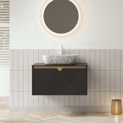 Meuble-lavabo et lavabo de salle de bain, armoire de rangement flottante murale en contreplaqué, portes doubles en sergé avec garniture en métal, vasque rectangulaire en céramique à motif marbré et plateau en pierre frittée