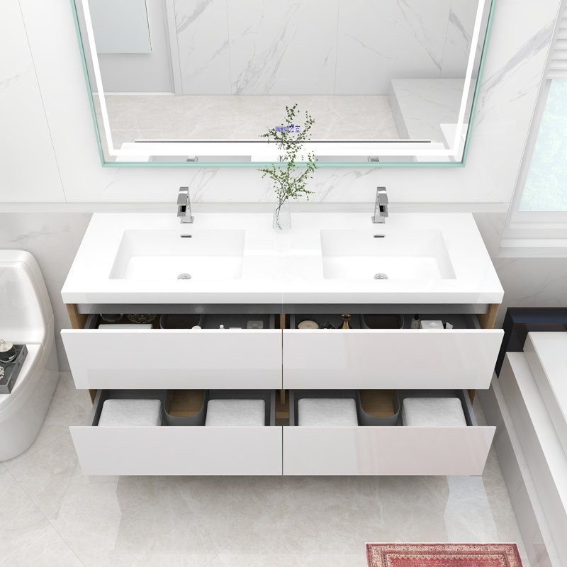 Ensemble de meuble-lavabo double mural 60 po Audrieana, Blanc lustré