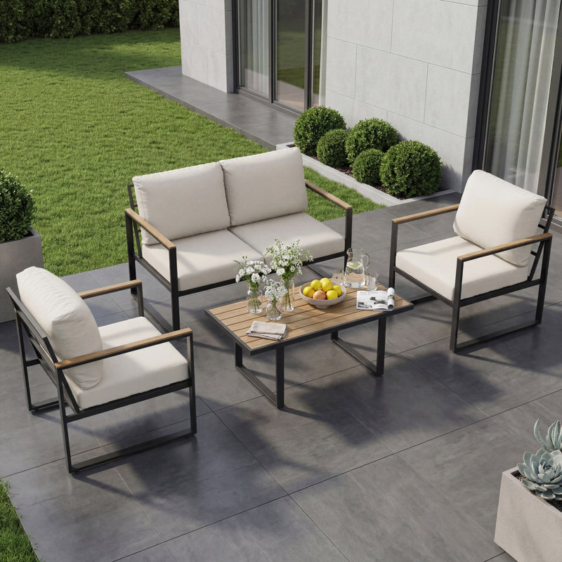 4-Piece Outdoor Patio Conversation Set with Coffee Table, Metal Frame with Washable Thick Cushions, Weather-Resistant Seating for Garden, Deck or Backyard