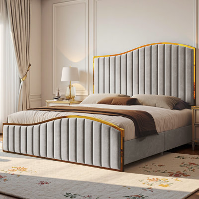Callisburg Upholstered Queen Bed Frame with Harp Headboard & Footboard, Grey