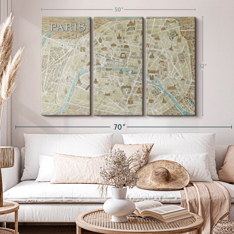 «Monuments of Paris Map Blue» sur toile, H 32 po x l 50 po x P 1,25 po