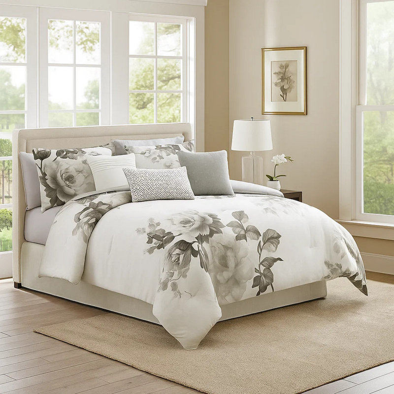 Ensemble d'édredon en mélange de coton 7 pièces , Édredon de très grande taille et 6 pièces suppl, Gris / Blanc