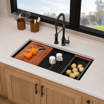 36" Double Bowl Undermount Kitchen Sink, 50/50 Split Gunmetal Black Stainless Steel Workstation Sink with Accessories, 16 Gauge T304 Nano Coated Farmhouse Sink, 10" Deep Basins
