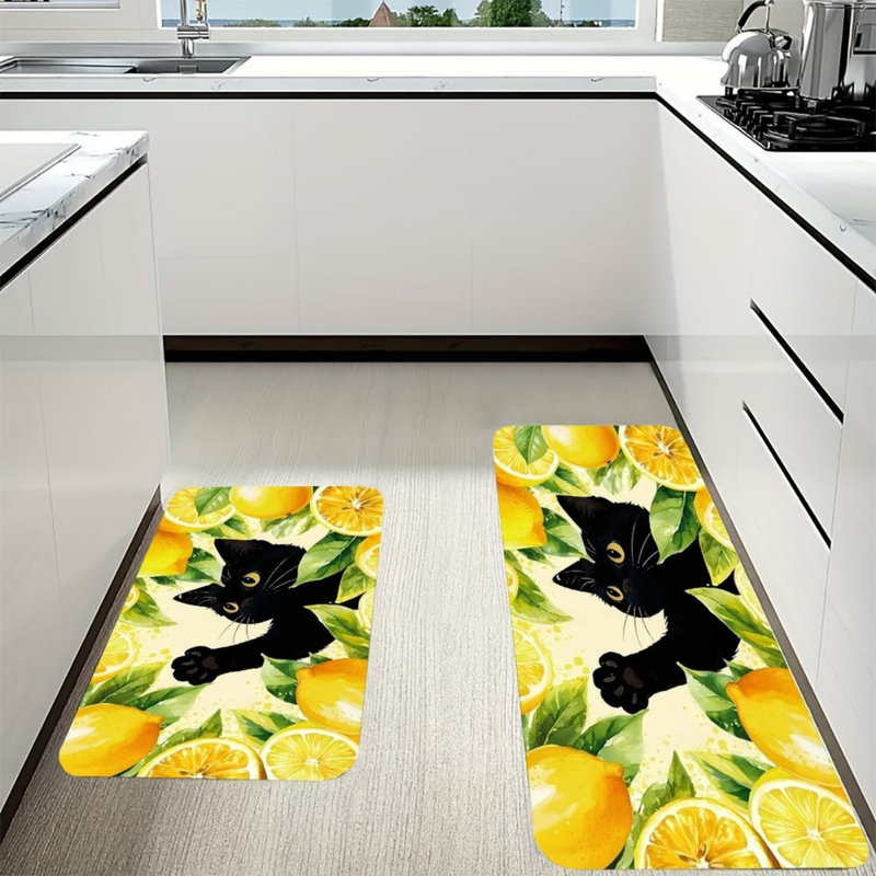 Tapis de cuisine jaune, jaune, citron et noir, 2 tapis fantaisistes pour la cuisine