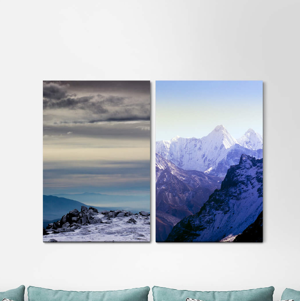 2-tlg. Leinwandbilder-Set - Fotografie "Berge schneebedeckte Gipfel Roter Himmel Dämmerung mächtiges majestätisches Subl...