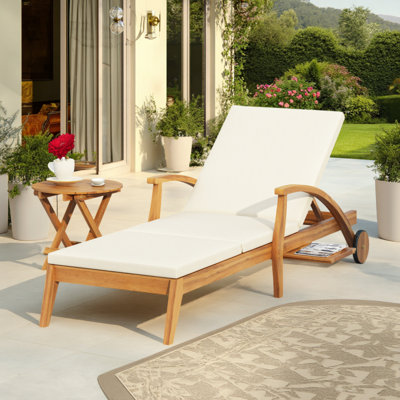 Chaise longue d'extérieur réglable en bois d'acacia avec roulettes, coussin résistant à l'eau