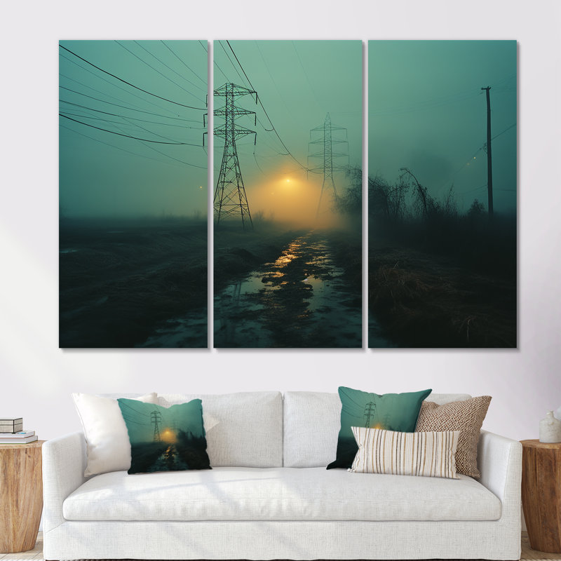 Teal Tangle Power Lines Mystery - Ensemble de salon mural Power Lines, Toile tendue, H 32 po x l 48 po x P 1 po