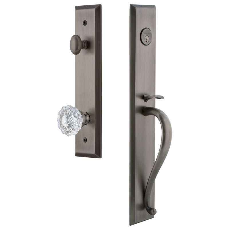 Fifth Avenue Handleset with Single Cylinder Deadbolt and Versailles Door Knob and Fifth Avenue Rosette, Antique Pewter
