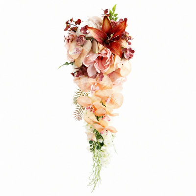 Bride Holding Bouquet, 23.62-Inch Long Waterfall Wedding Bouquet, Pink Orange Artificial Bouquet, Suitable For Bride Wedding Ceremony And Anniversary