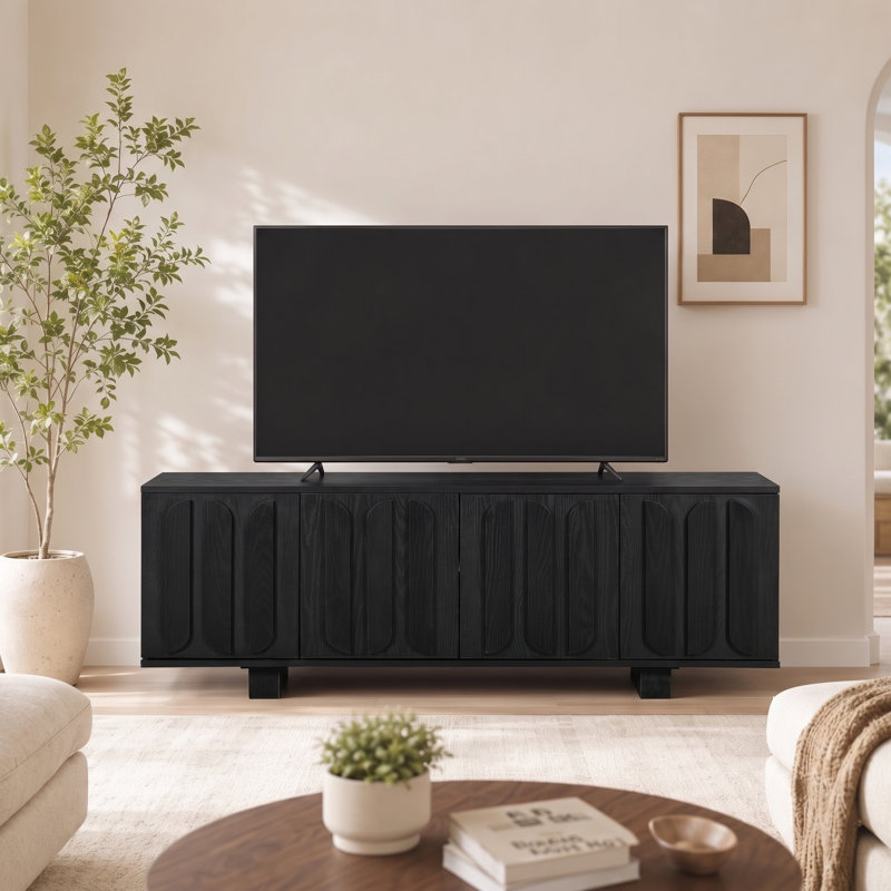 Meuble télé moderne en bois avec tablettes réglables et 3 trous pour câbles, Noir