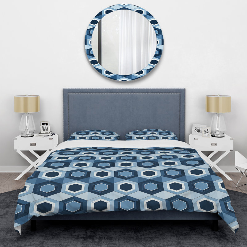 Ensemble de housse de couette moderne à motif hexagonal bleu et blanc IV, Housse de couette pour grand lit et 2 taies décor