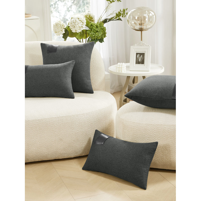 Decorative Solid Pillow Covers with Leather Label (Set of 2), 24"H x 24"W, Dark Gray