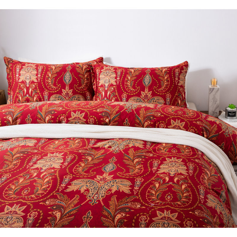 Bohemian Sateen Floral Duvet Cover, Queen Duvet Cover + 2 Queen Shams
