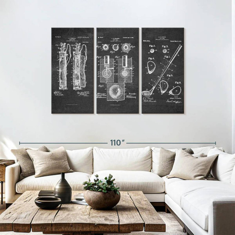 Ensemble de 3 pièces de brevet de golf sur toile, H 48 po x l 74 po x P 1,25 po