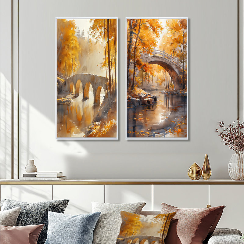 Ensemble de 2 pièces d'art jaune et jaune avec pont d'automne et rivière de beauté, H 40 po x l 40 po, Cadre flottant blanc