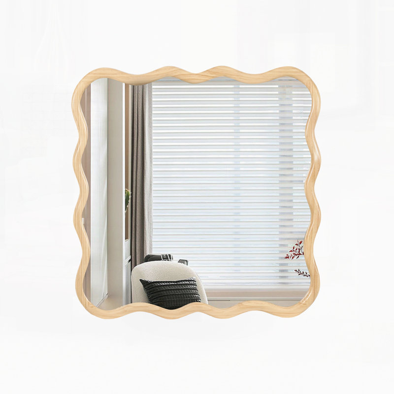 Miroir carré ondulé en bois massif - bois naturel 36 po x 36 po, décoration murale moderne pour salle de bain, chambre à coucher, salon, salle à manger, vestiaire, vestibule
