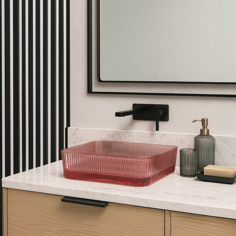 15" Glass Square Vessel Bathroom Sink, Red Rose