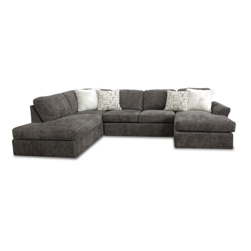 U-Shaped Sectional Sofa with Double Chaise Lounges & Accent Pillows - Raquel Shark Fabric, Deep Cushion Seating