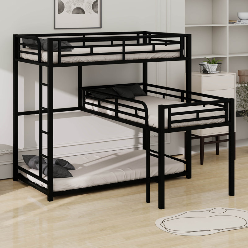 Twin Size L-Shaped Metal Triple Bunk Bed With Ladder And Full-Length Guardrail