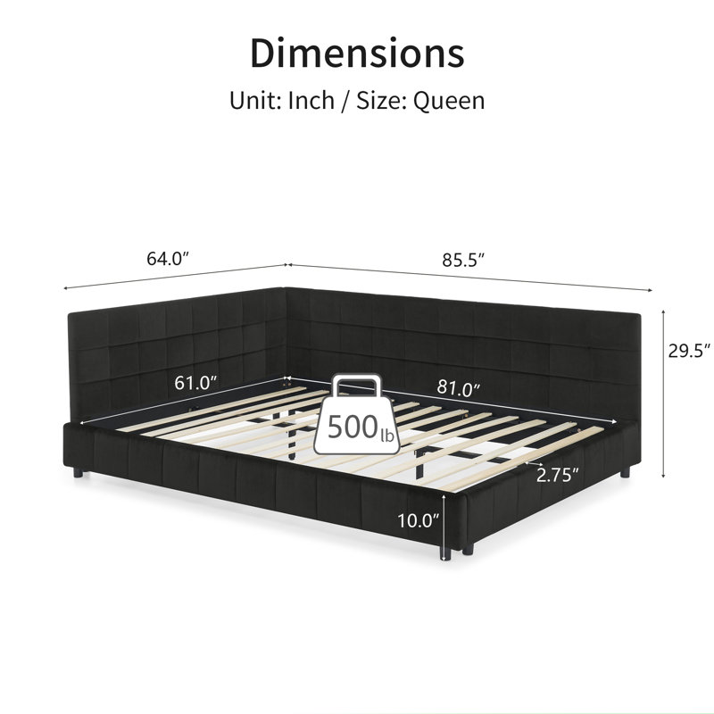 Reversible L-Shape Upholstered Platform Bed With Velvet Fabric Design, Black, Queen