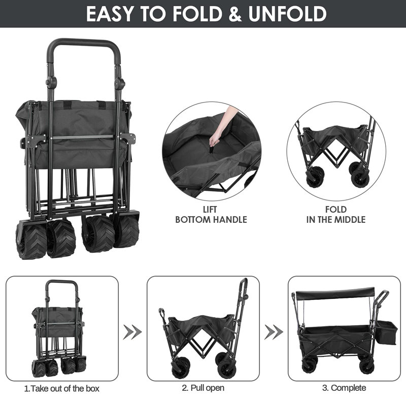 Extra Large Collapsible Wagon W/removable Canopy, 250lbs Foldable Garden Cart W/rear Storage, Big Wheel&adjustable Handles